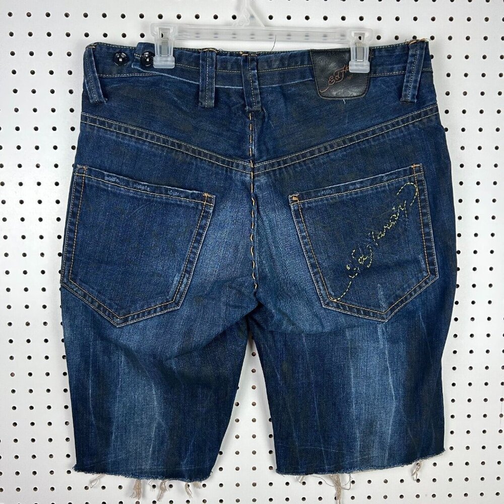 Ed Hardy Cut Off Jean Shorts Jorts Size 36 Grunge Skater Stitched Y2K Dark Wash
